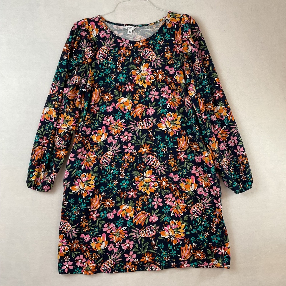Crown & Ivy Womens XL Navy‎ Blue Floral Pineapple Long Sleeve Shift Dress Tunic
